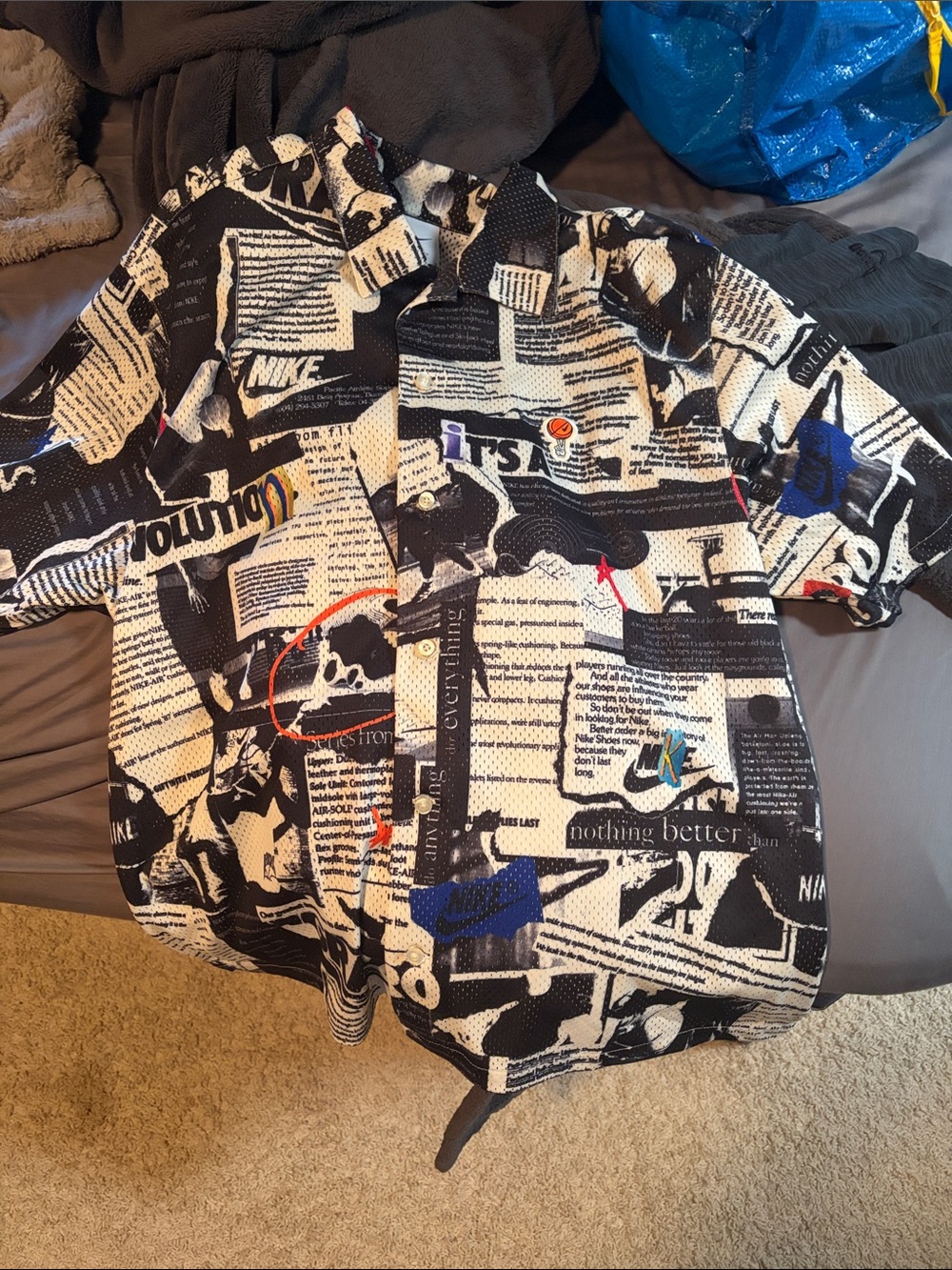 Nike Men’s Short-Sleeve Graphic Button-Up Shirt - Black & White Newspaper Print